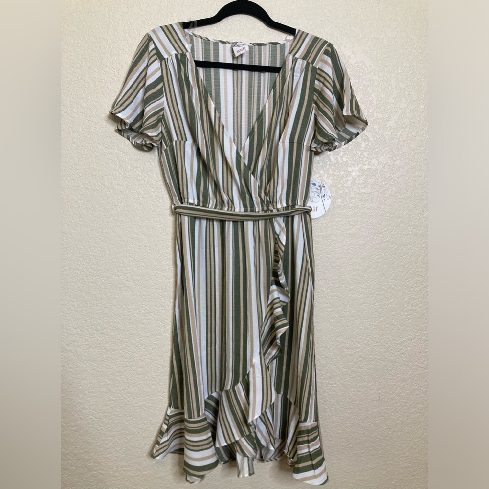 NWT Naïf Mock Wrap Midi Dress Short Sleeve Vertical Stripes Ruffles